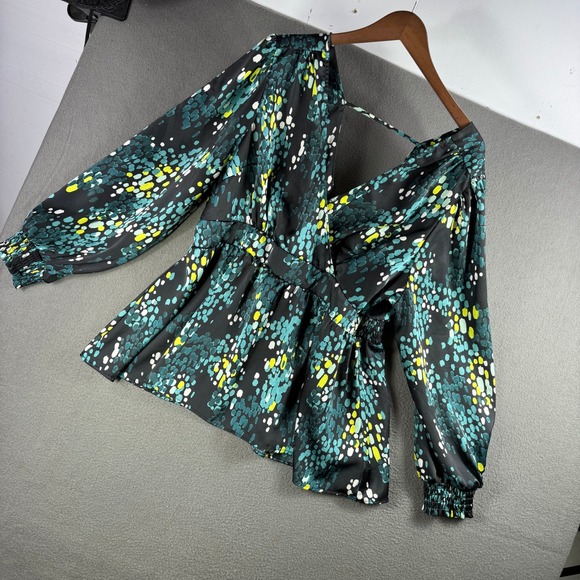 Torrid Blouse Women 1 Teal Abstract Spot Print Tie Back Long Sleeve Peplum - Picture 2 of 8